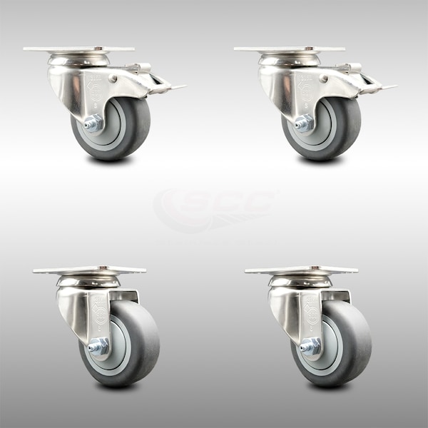 3 Inch 316SS Thermoplastic Rubber Swivel Top Plate Caster Lock Brakes SCC, 2PK